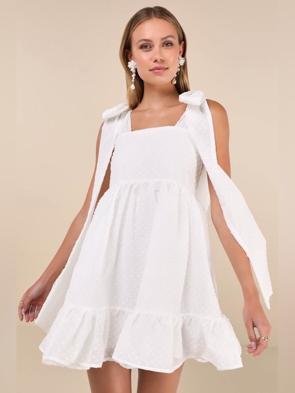 NWT Lulus Sister Jane Horseback White Textured Bow Tie-Strap Mini Dress | Medium